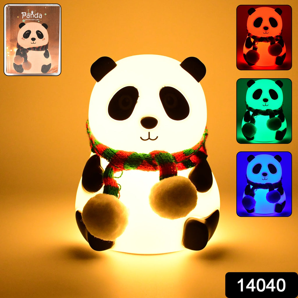Adorable silicone panda night light with eyes closed, perfect for a child's bedroom.