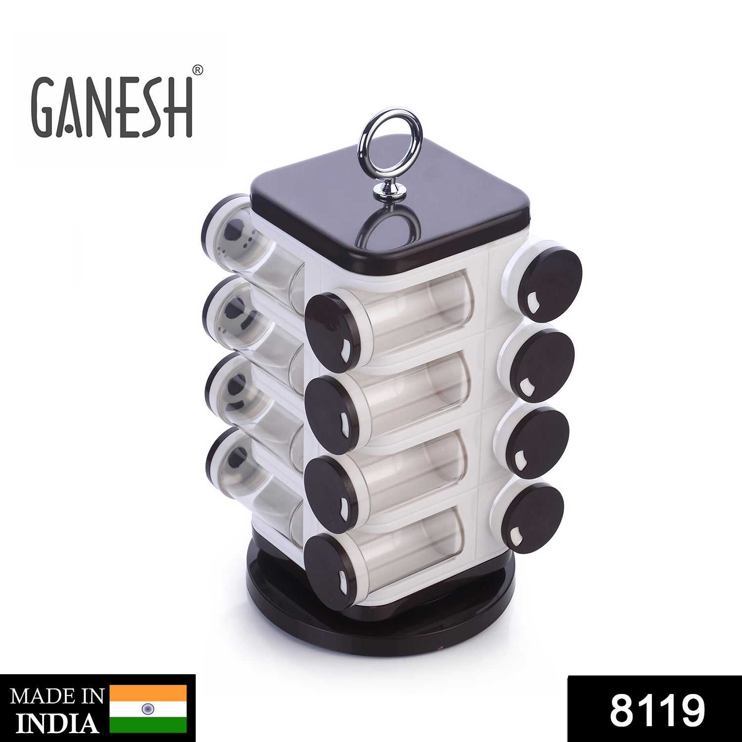 Front view of Ganesh 16-jar revolving spice rack in a modern kitchen setting.