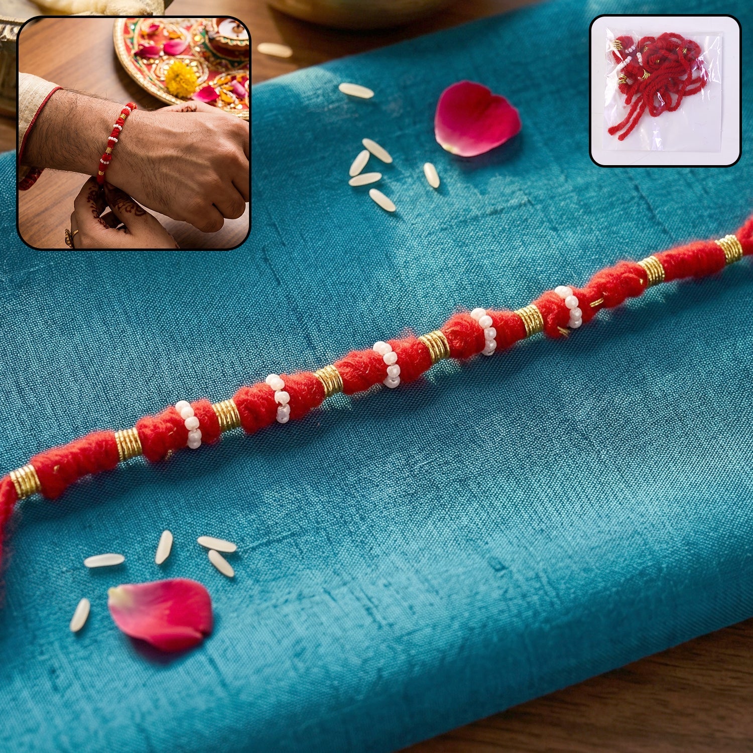 Red thread rakhi with white pearl beads and golden accents