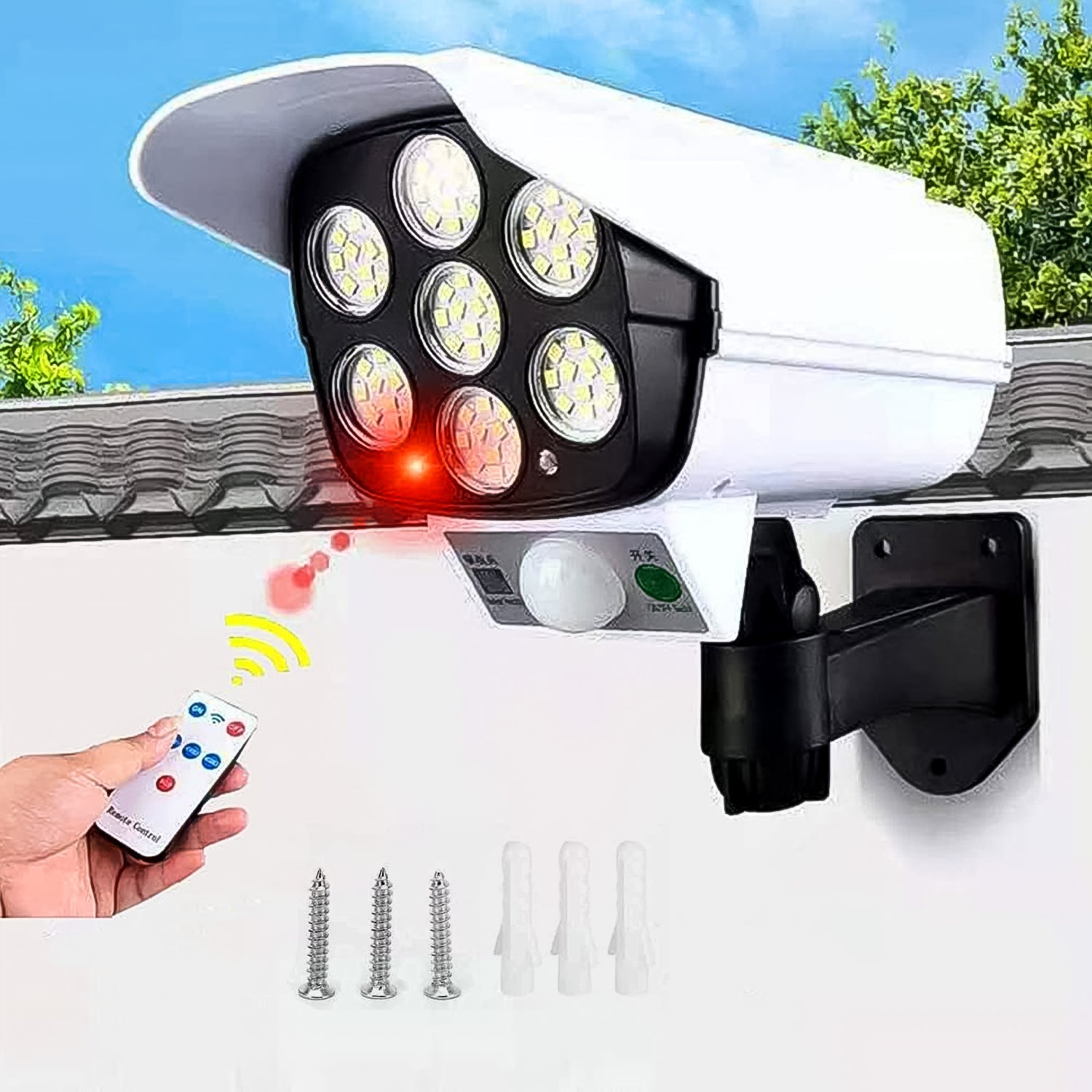 The AutoSafeo solar security camera light with its built-in solar panel.