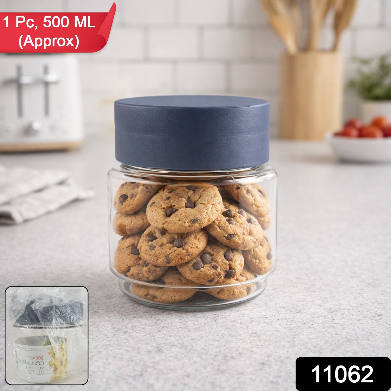 Clear food storage container for grains and dry snacks in kitchen