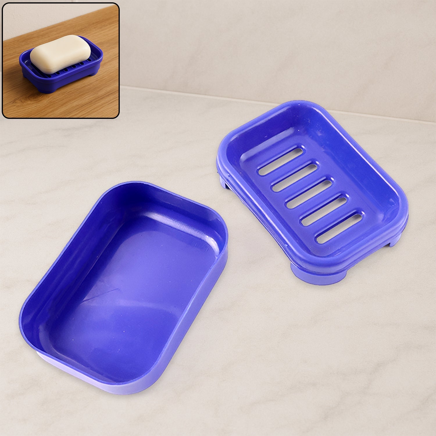 Rectangular blue plastic soap case with leakproof lid and drainage slots