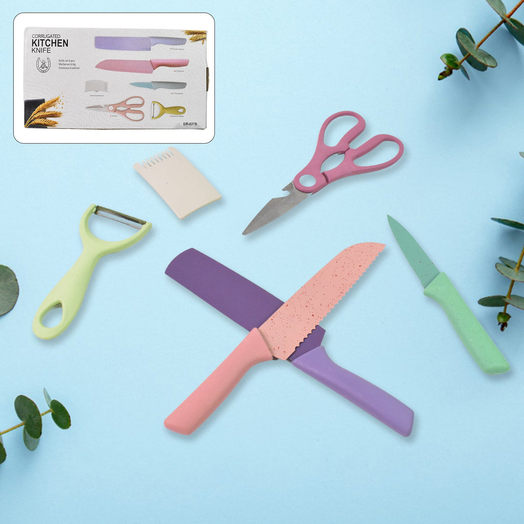CookAura 6-piece colourful kitchen knife set displayed with sharp blades.