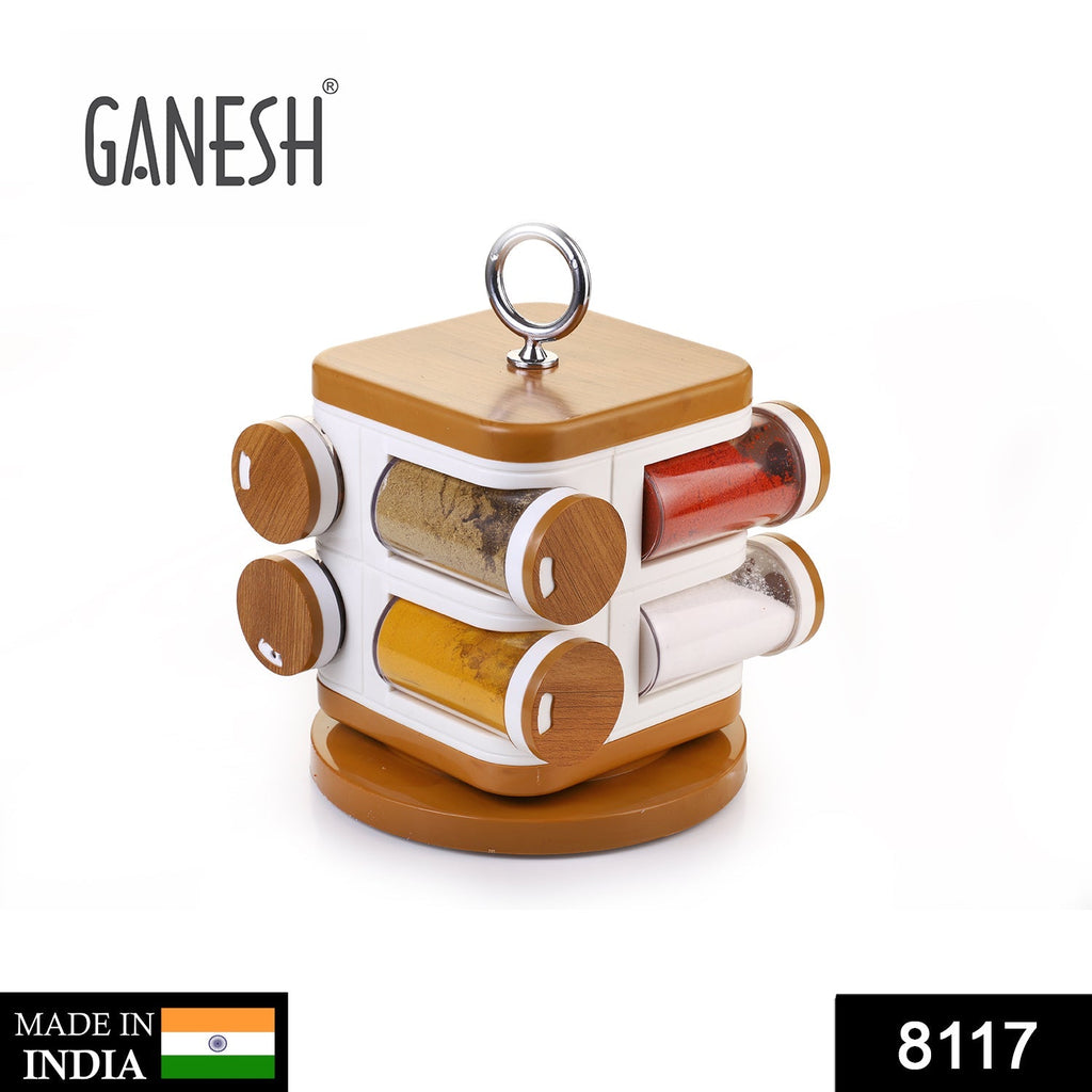 Front view of the Ganesh Storewell 8-jar plastic spice rack in a kitchen setting.