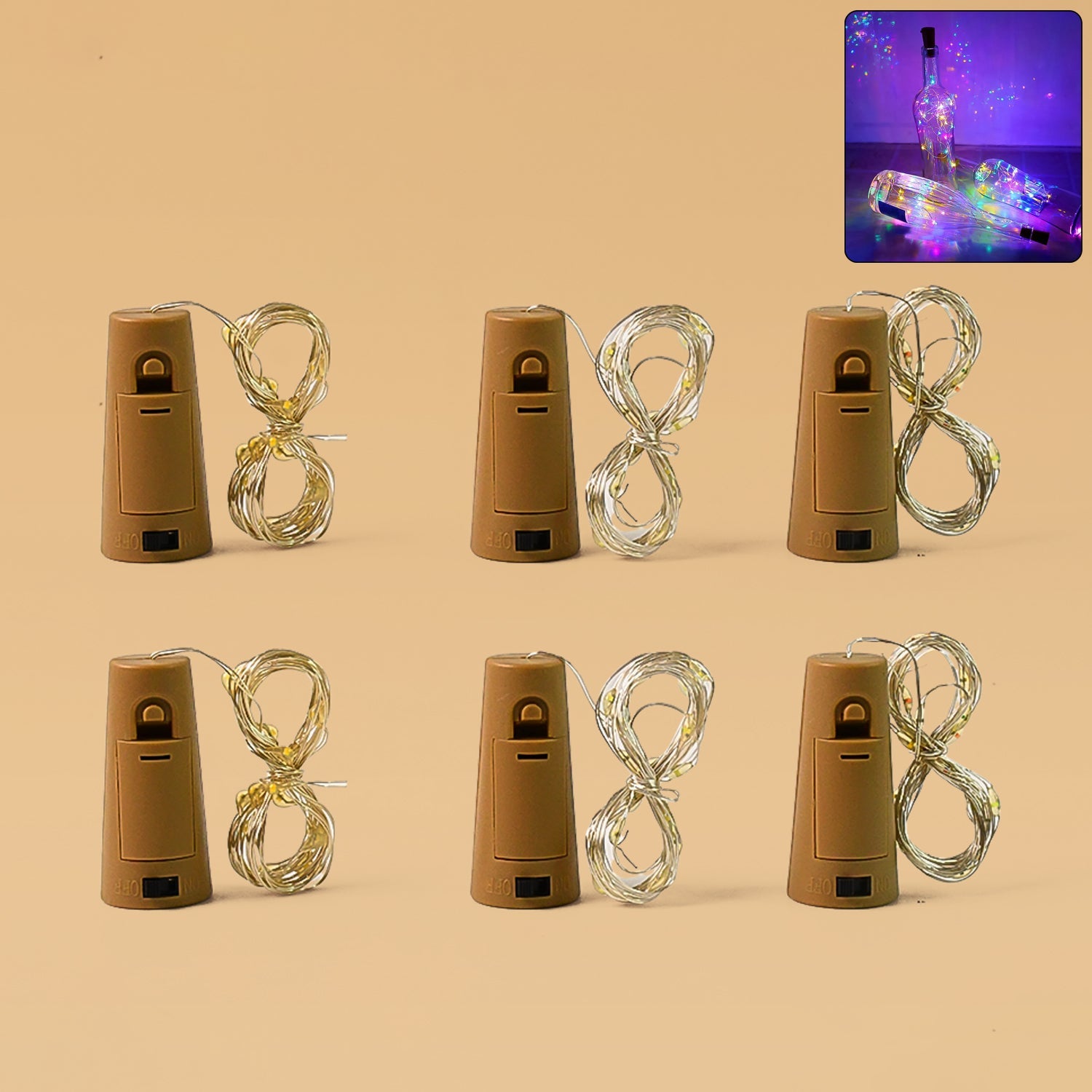 Cork-shaped LED bottle fairy lights in a wine bottle creating colorful ambient light