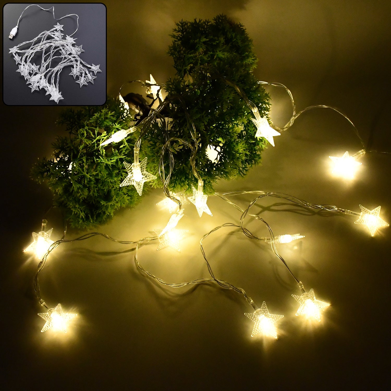 USB powered 20 LED star string lights glowing warmly indoors