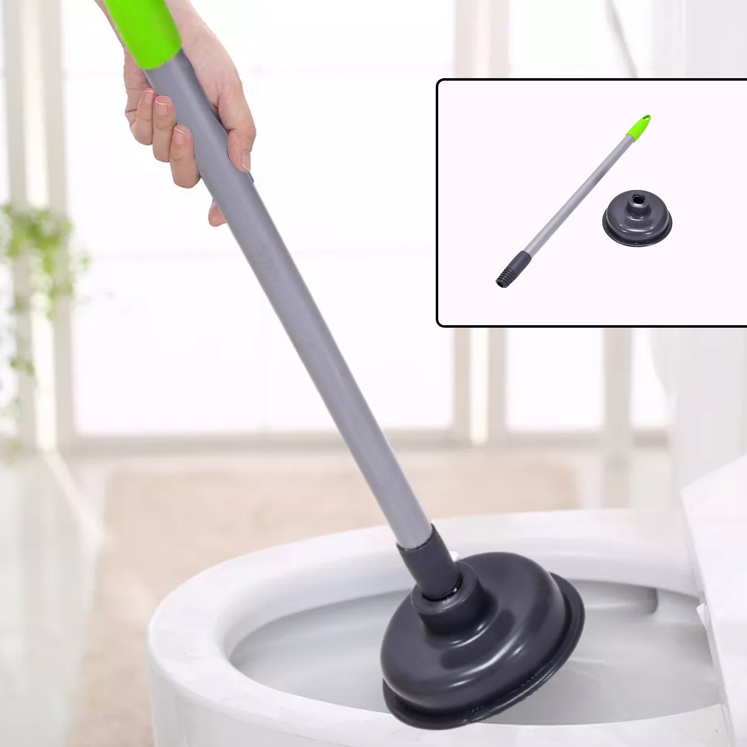 Simple yet effective toilet plunger with a sturdy black handle.