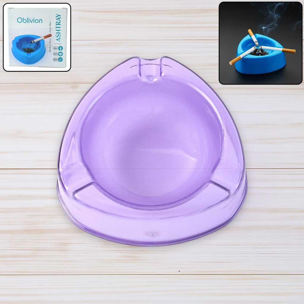 Transparent purple plastic ashtray with wide bowl and triangular shape