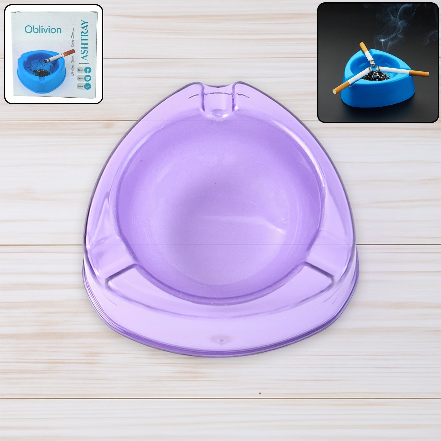 Transparent purple plastic ashtray with wide bowl and triangular shape