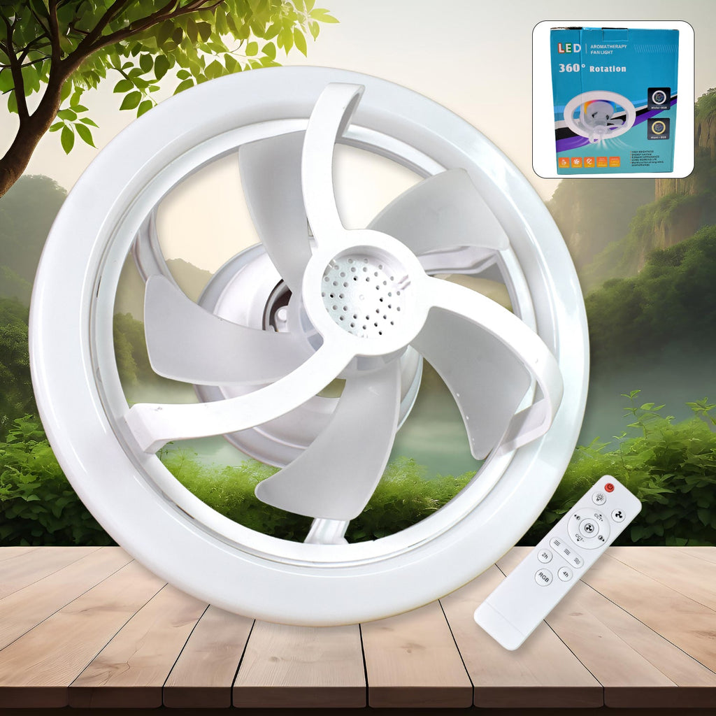 VoltDesk Smart Ceiling Fan with 360° rotation and integrated LED light.
