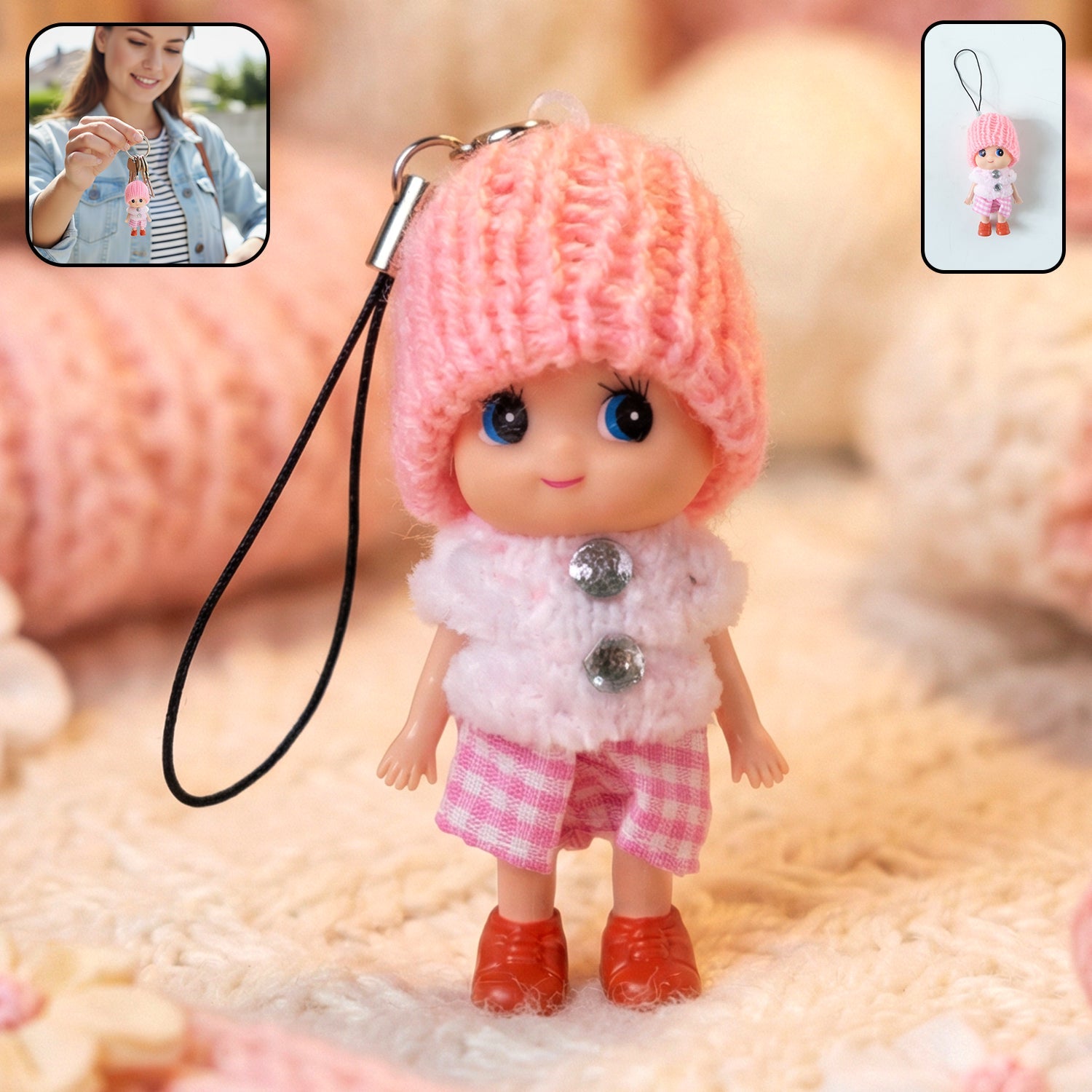 Cute mini doll keychain with knitted cap and vibrant outfit
