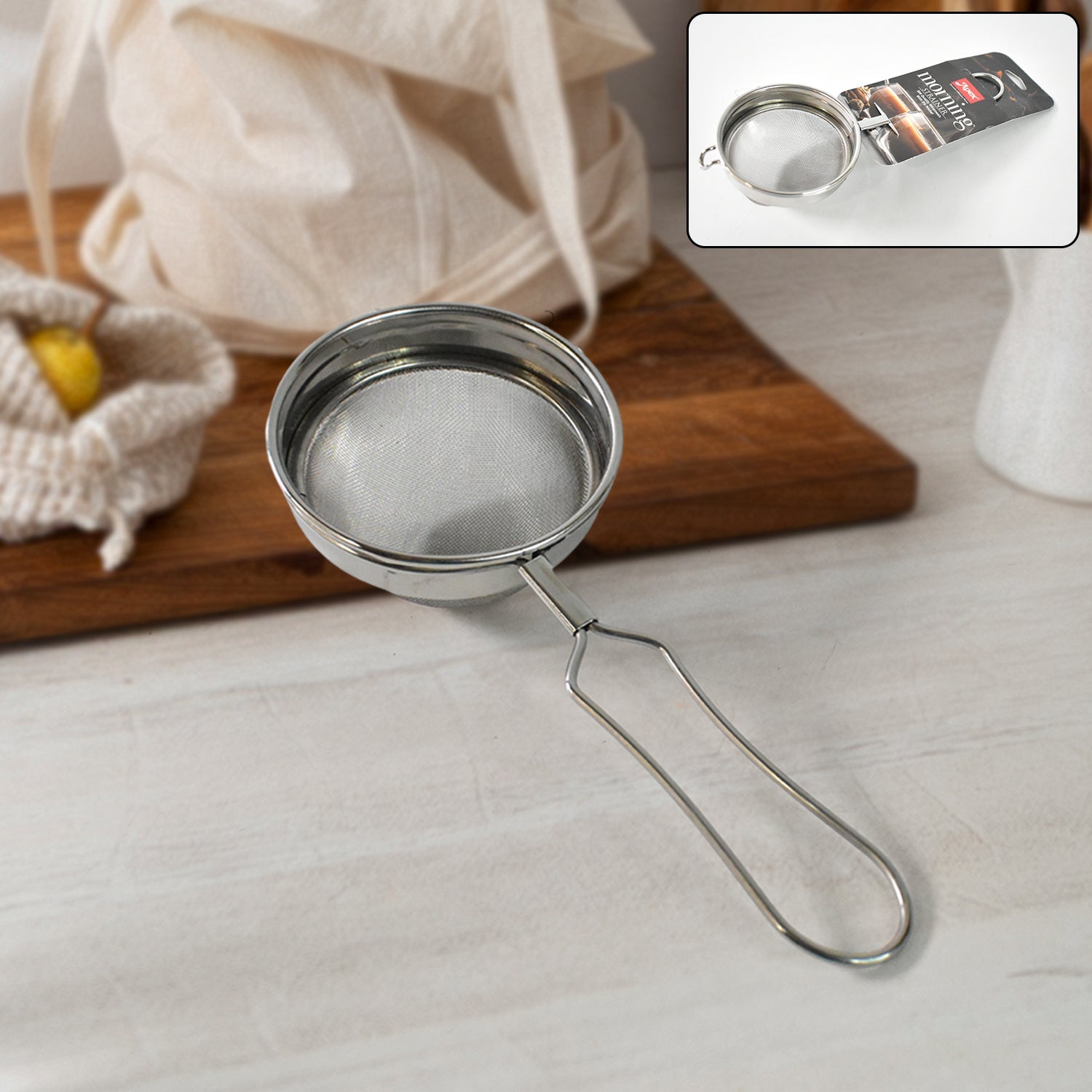 Front view of stainless steel tea strainer with durable fine mesh