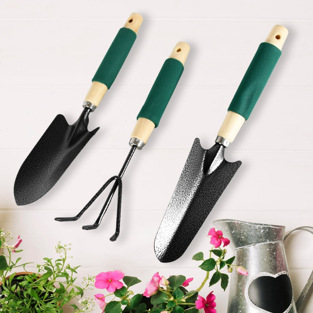 Heavy-duty garden trowel with a polished steel head and comfortable wooden handle.