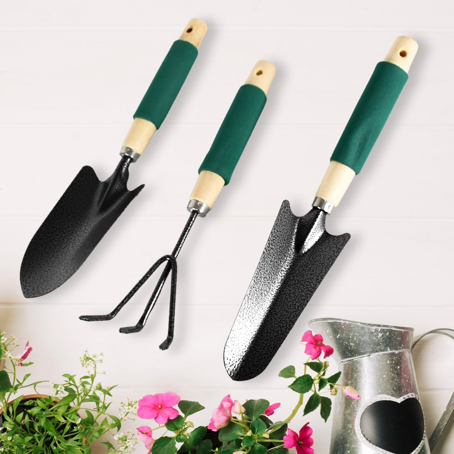 Heavy-duty garden trowel with a polished steel head and comfortable wooden handle.