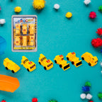 Overhead view of various colorful engineering construction vehicle toys on a white surface.
