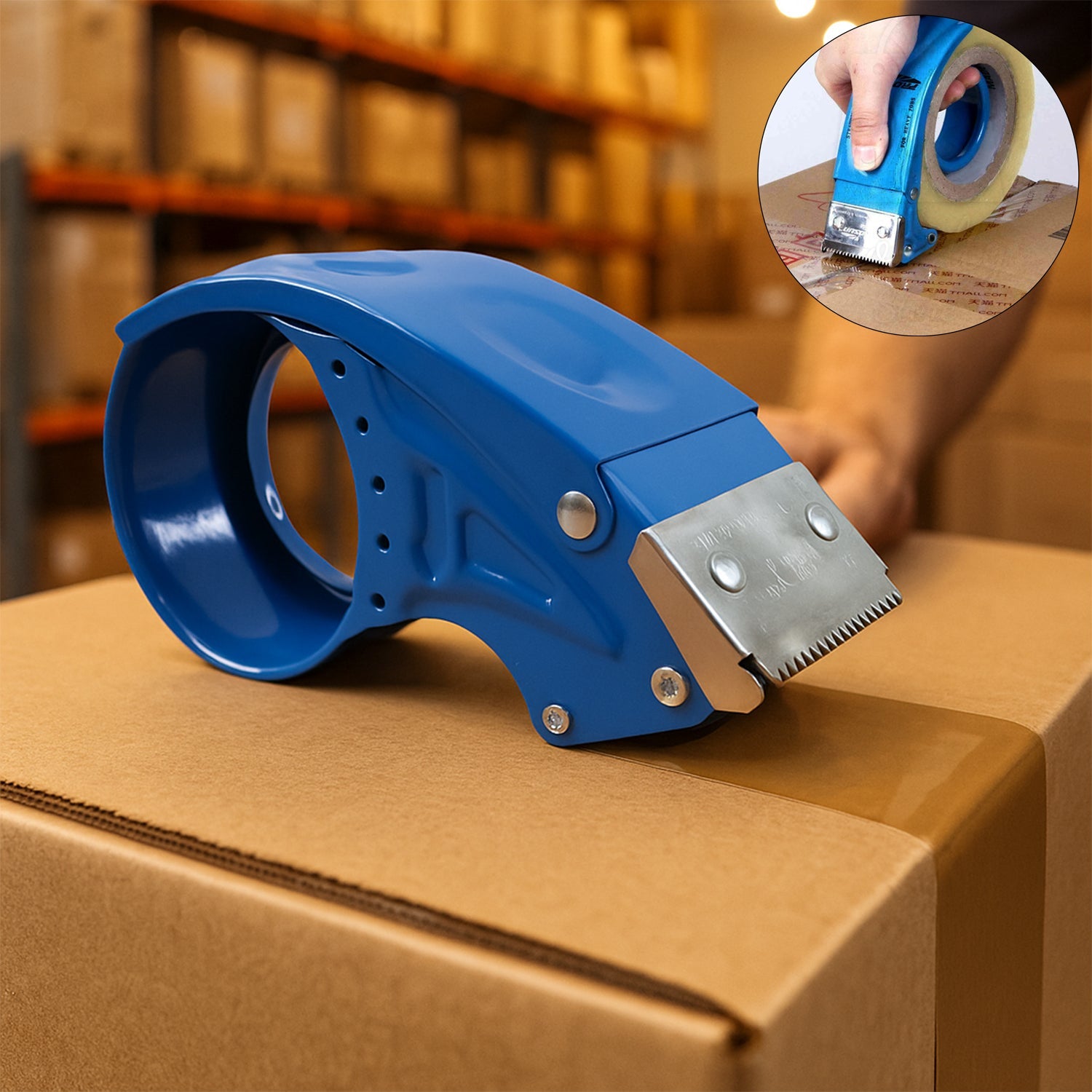 Heavy-duty tape dispenser with sharp steel blade for efficient packing
