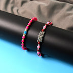 Close-up of multicolor beads on trendy ethnic beaded bracelet