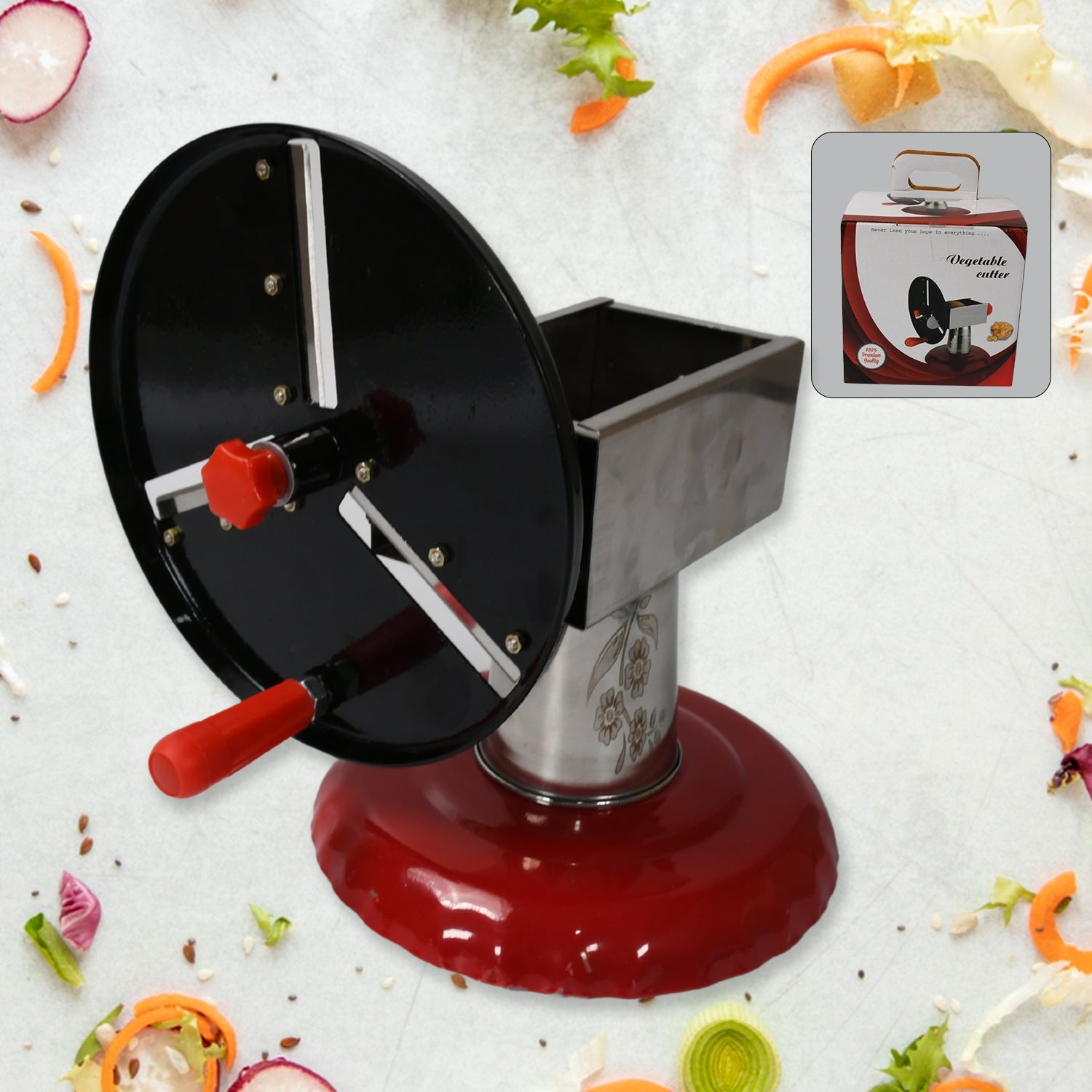 Front angle of the ChefAura potato slicer, highlighting its elegant mirror finish.