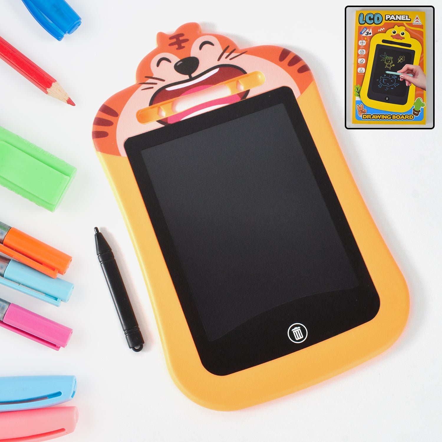 Top of Kids LCD Writing Tablet featuring stylus holder slot