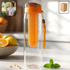 Transparent fruit infuser water bottle with orange lid for healthy hydration
