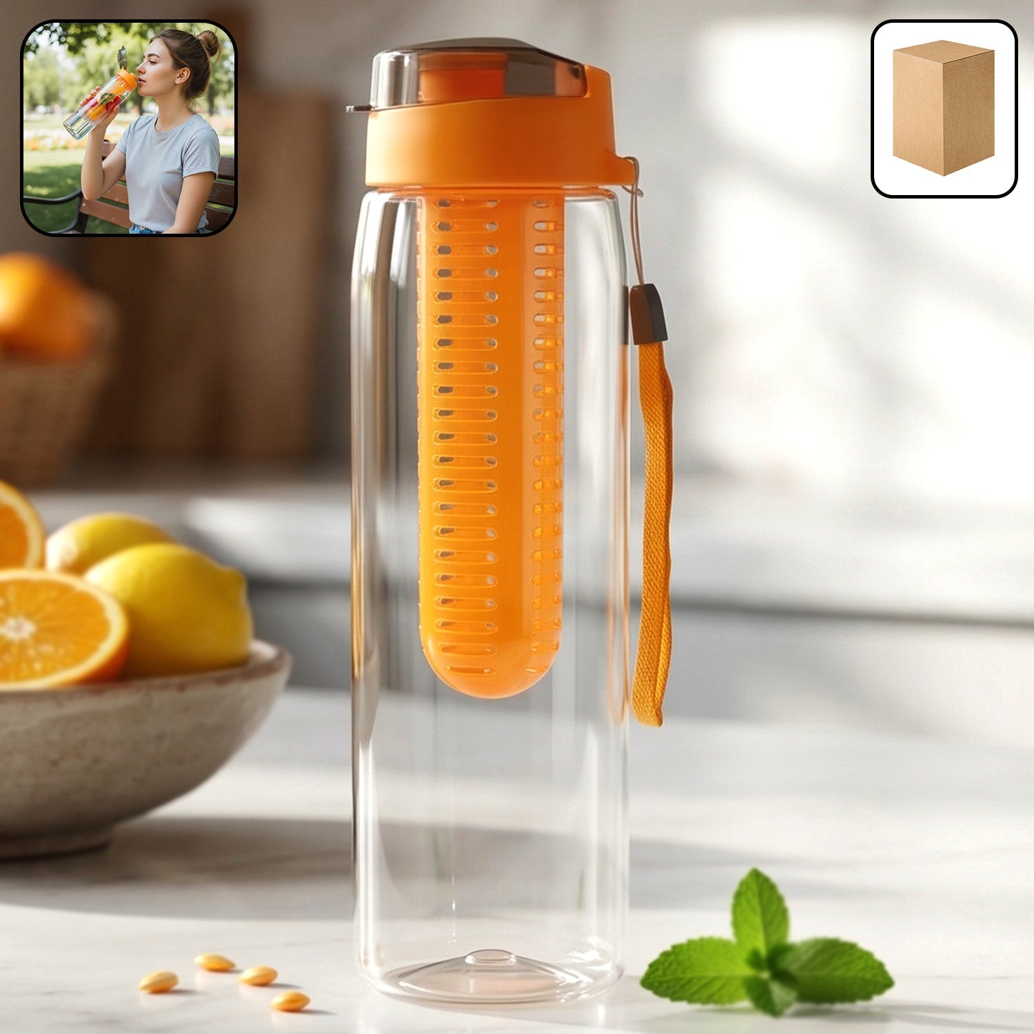 Transparent fruit infuser water bottle with orange lid for healthy hydration