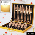 Elegant 24-piece gold flatware set with gift box on a white background.