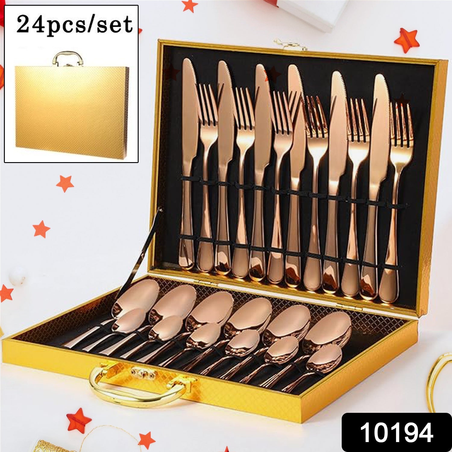Elegant 24-piece gold flatware set with gift box on a white background.