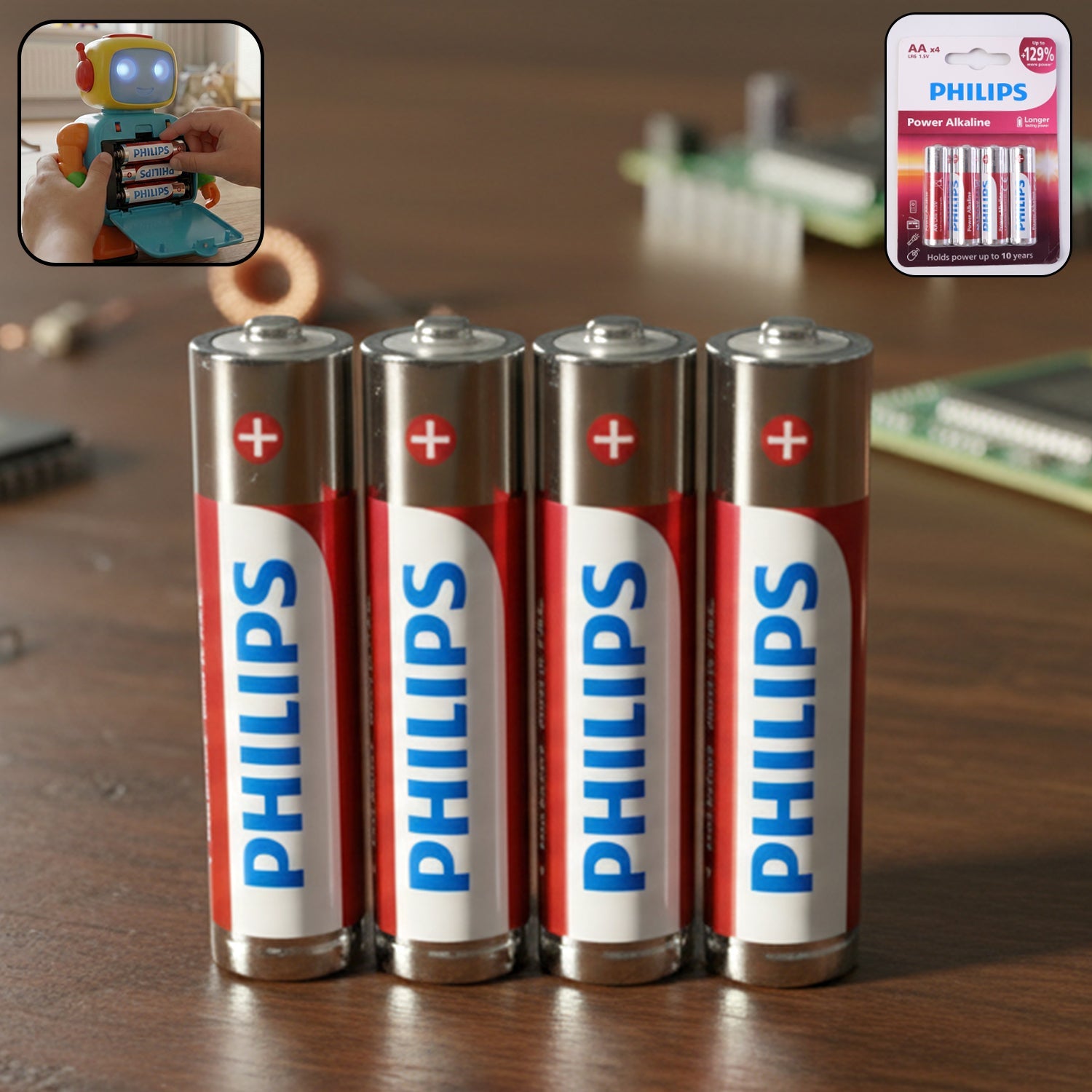 Pack of 4 AA alkaline batteries providing reliable power