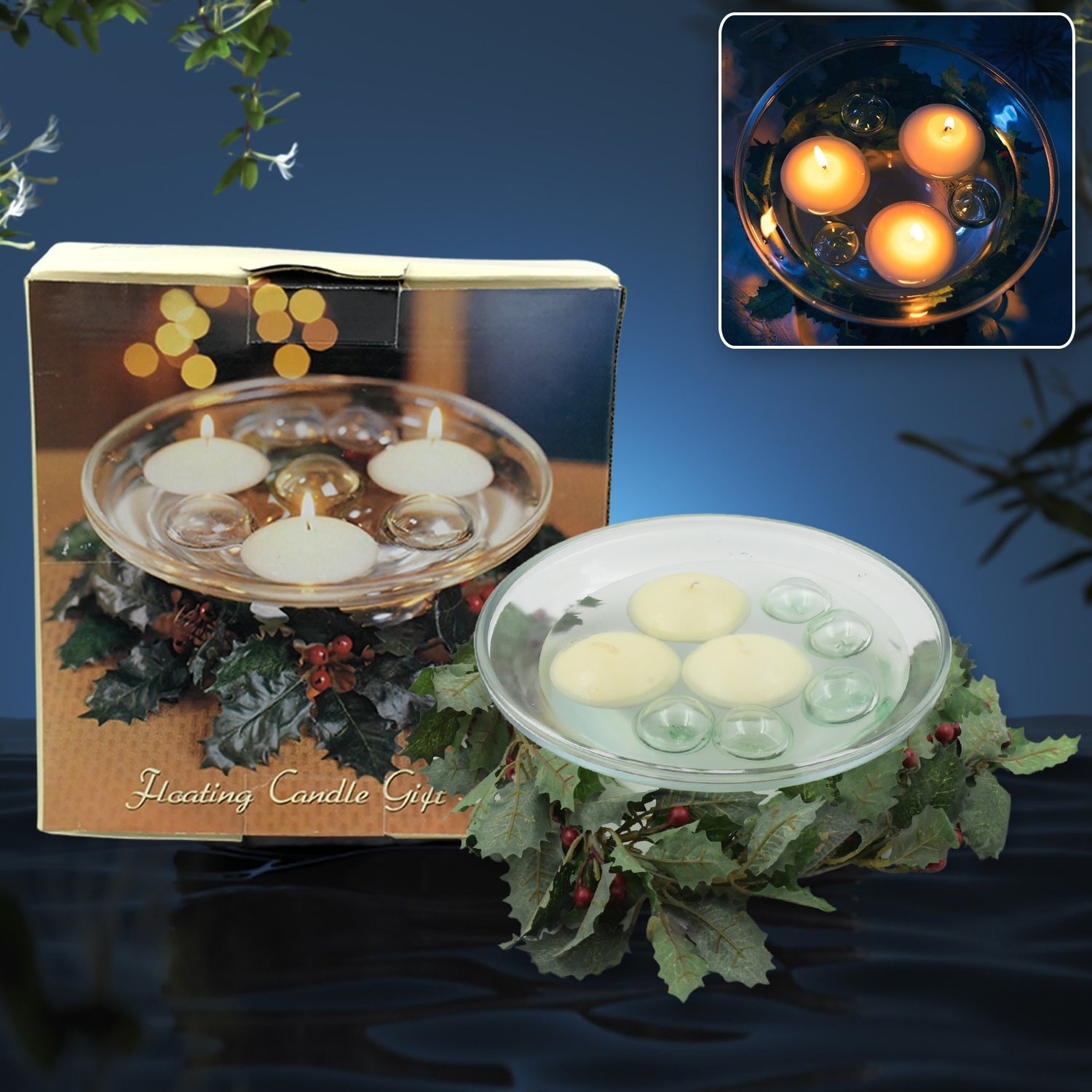 Glass floating candle holder creating romantic ambiance on water.