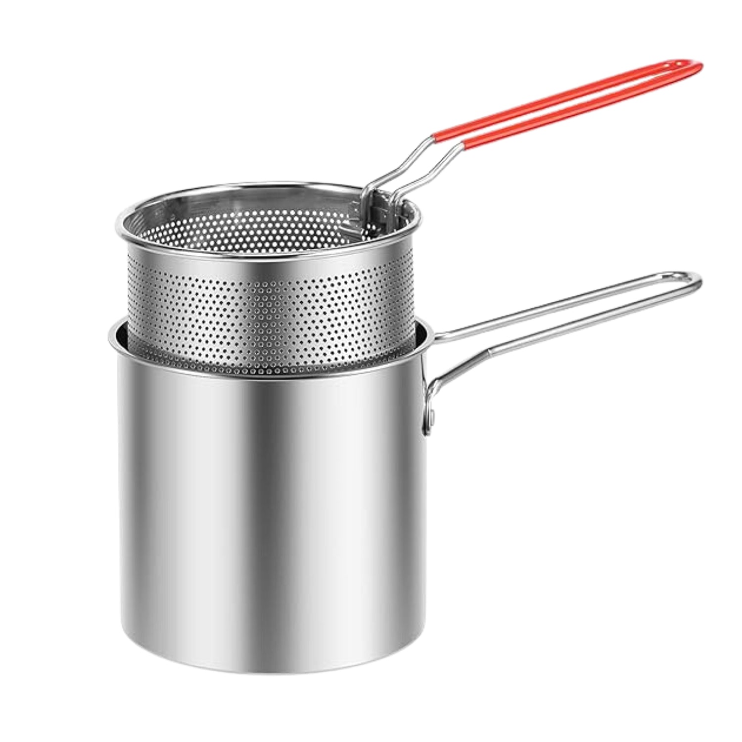 Complete 2-piece FirePot deep frying pot set with a stainless steel pot and wire strainer basket.
