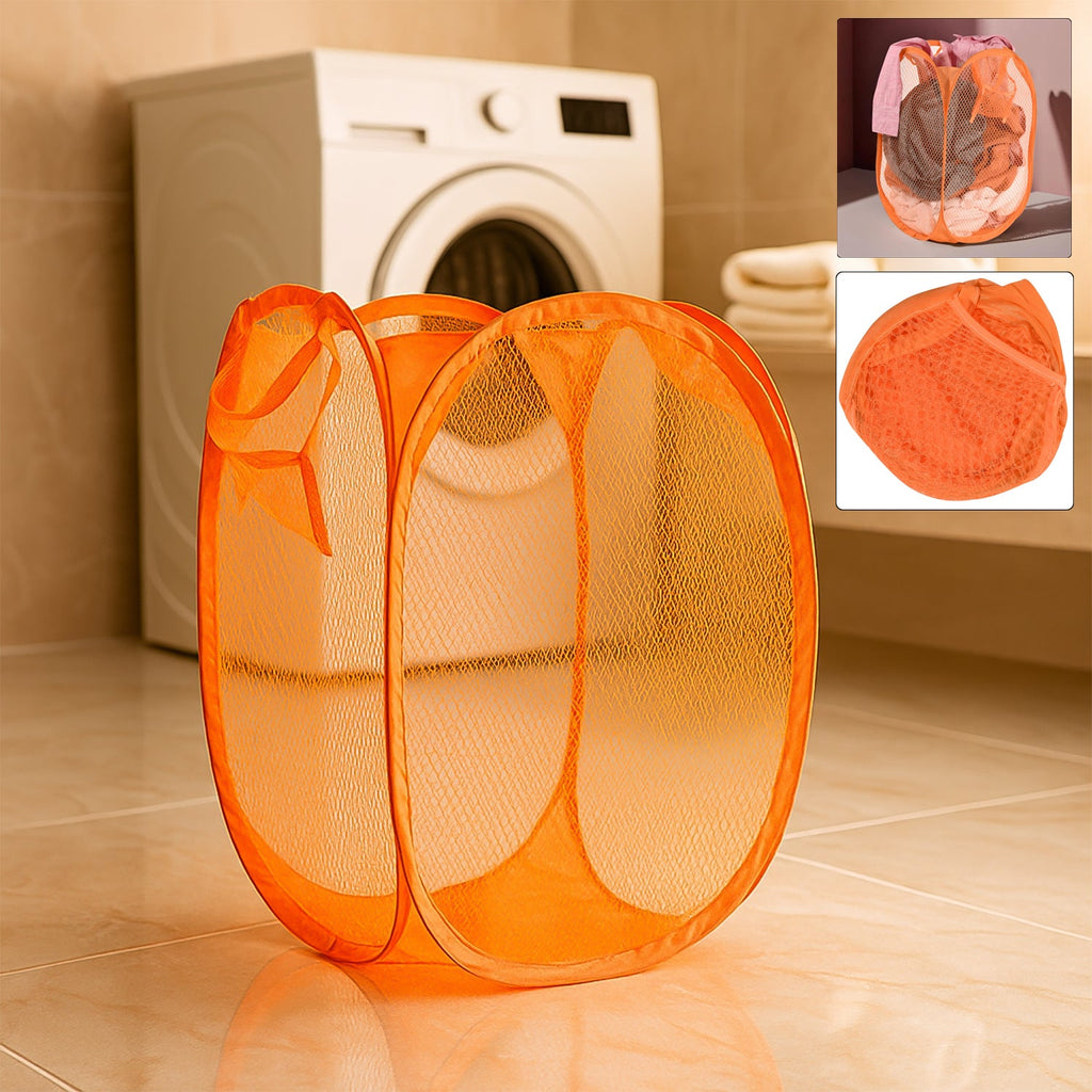 Foldable mesh laundry basket with pop-up design for breathable clothes storage