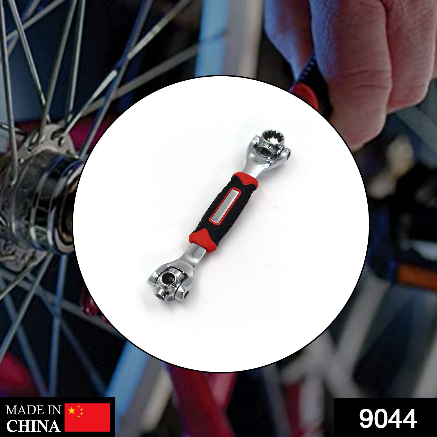 Ergonomic RaceVault multi-tool wrench demonstrating its 360-degree rotation feature.
