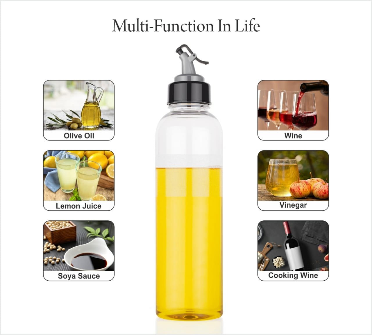 Clear 1 litre plastic oil bottle with a secure, airtight lid for convenient storage.