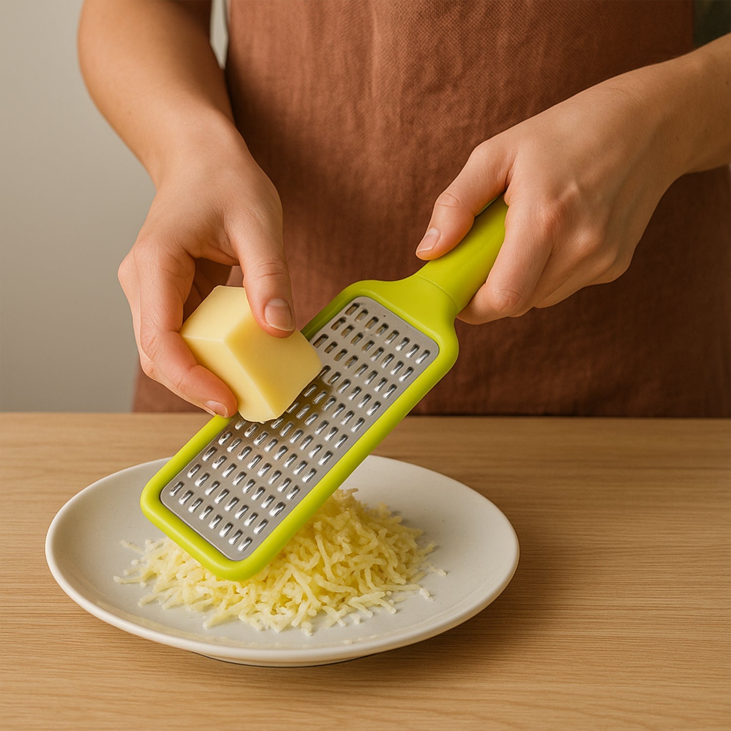 Front view of the CookAura Stainless Steel Cheese Grater, showcasing its sleek design.
