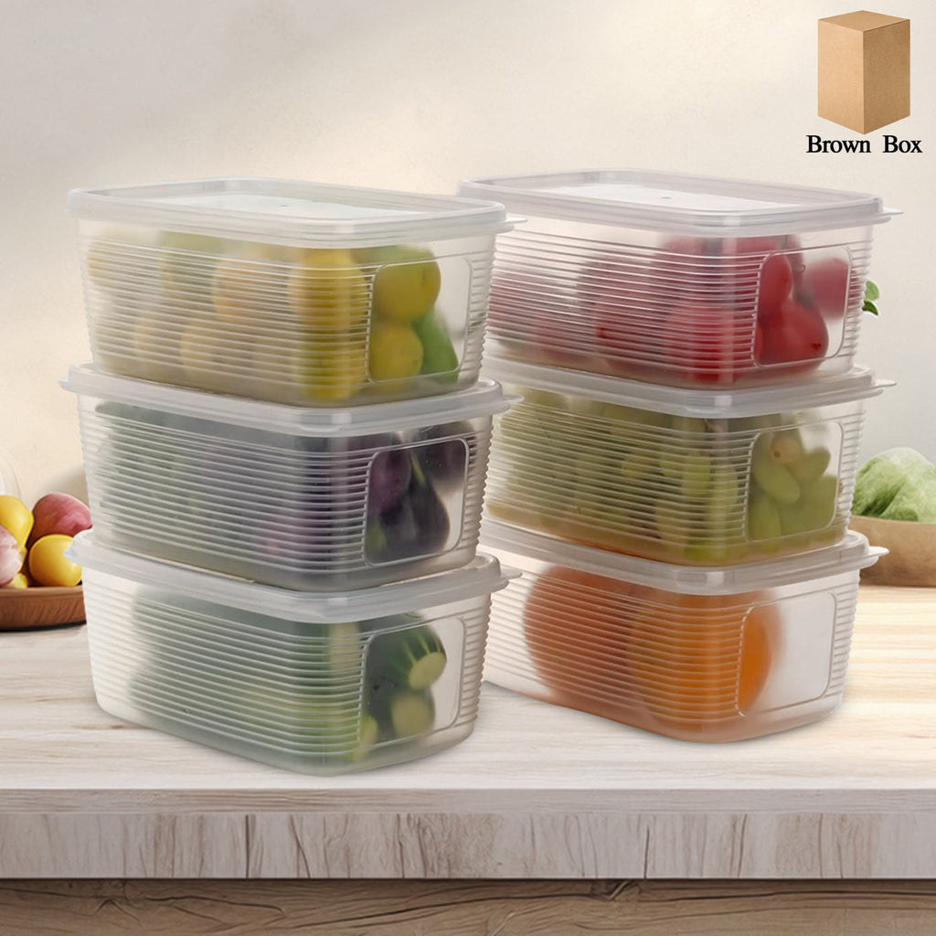 6-piece plastic food storage containers with airtight lids on kitchen counter