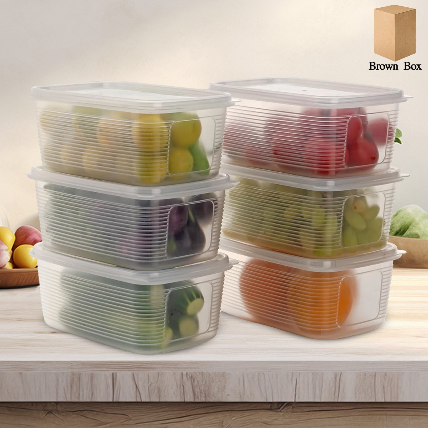 6-piece plastic food storage containers with airtight lids on kitchen counter