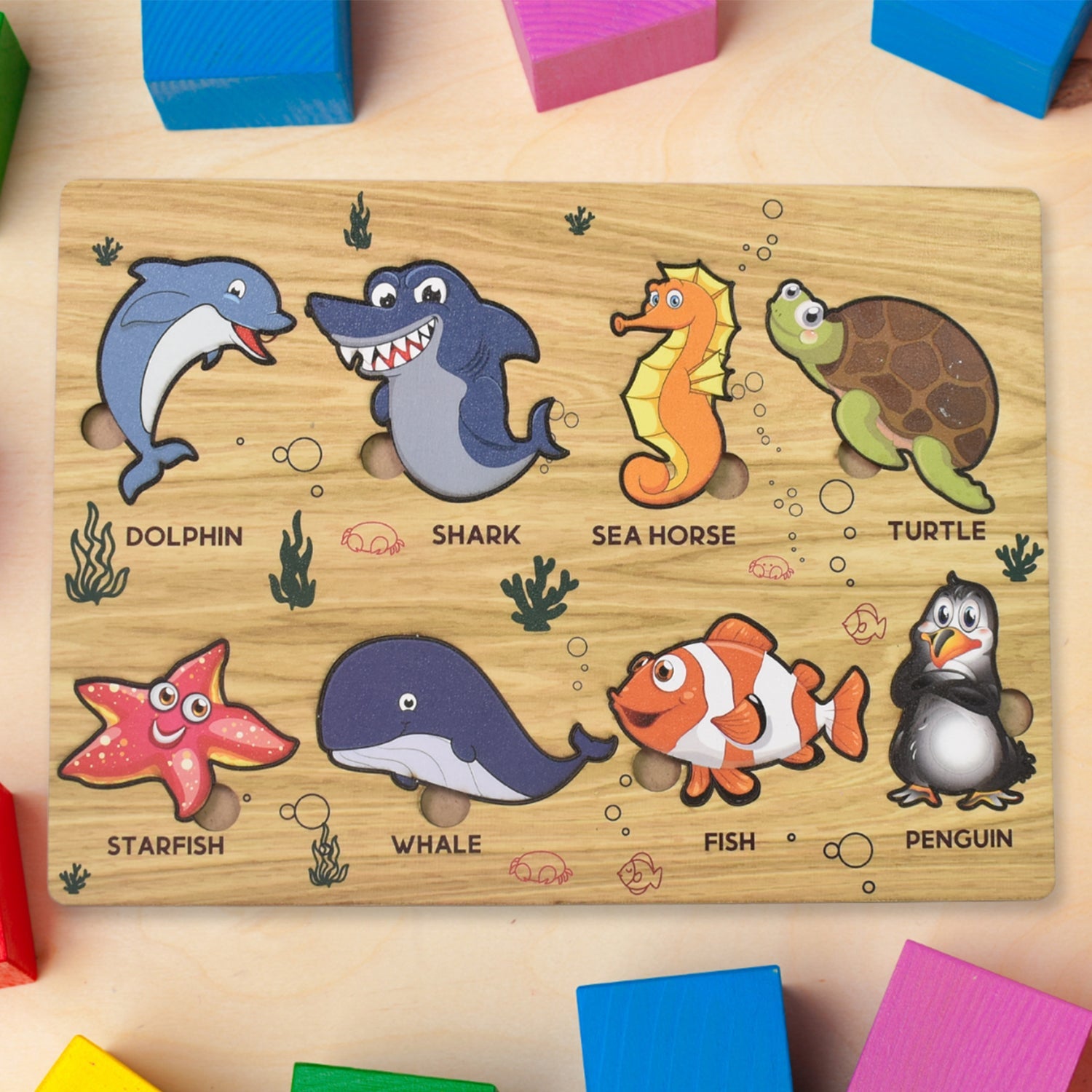 Bright and colorful wooden puzzle pieces suitable for toddlers