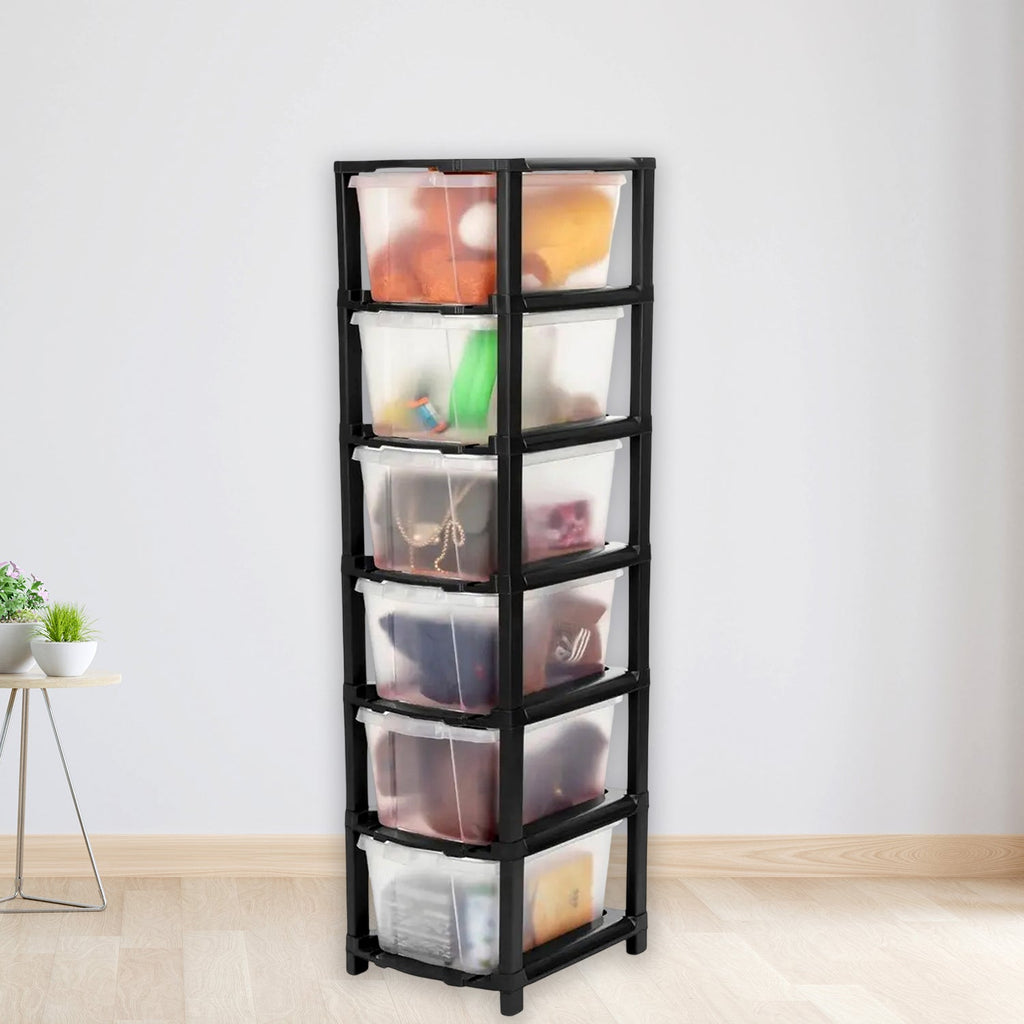 Side view of 6-layer plastic drawer storage cabinet showcasing sturdy frame