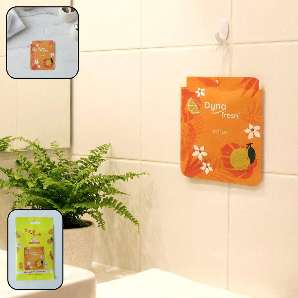 Citrus hanging air freshener gel in a compact design with lemon scent