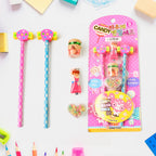 Stationery gift set featuring pencils, eraser, and sharpener with candy motif