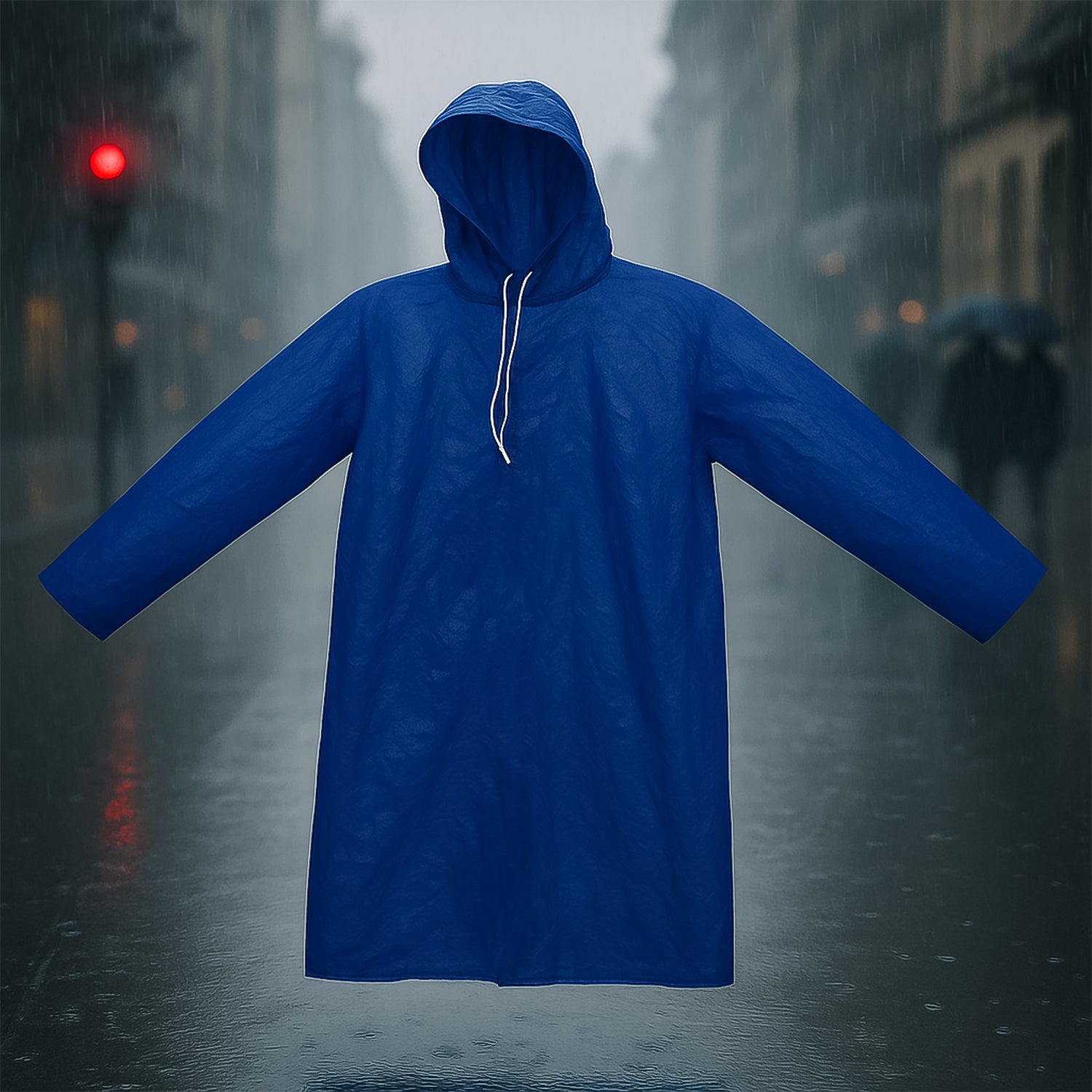 Blue waterproof hooded raincoat for men offering full upper body rain protection