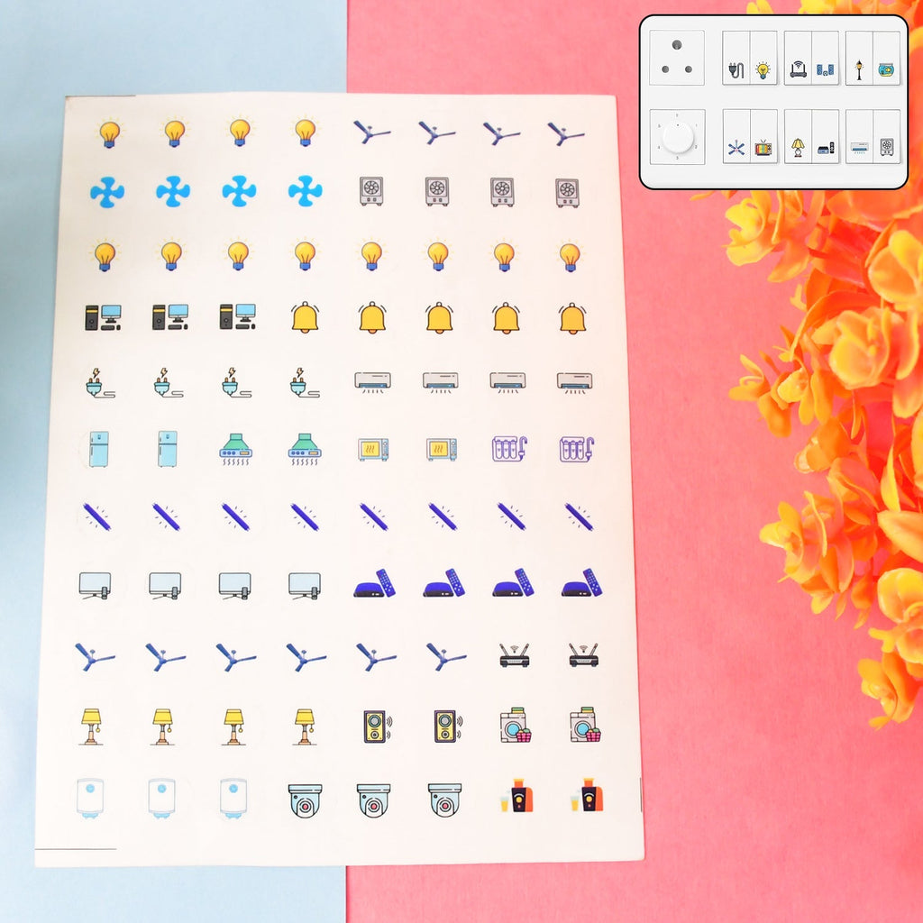 Pack of Smart Switch Icon Sticker Sheets showing colorful appliance icons