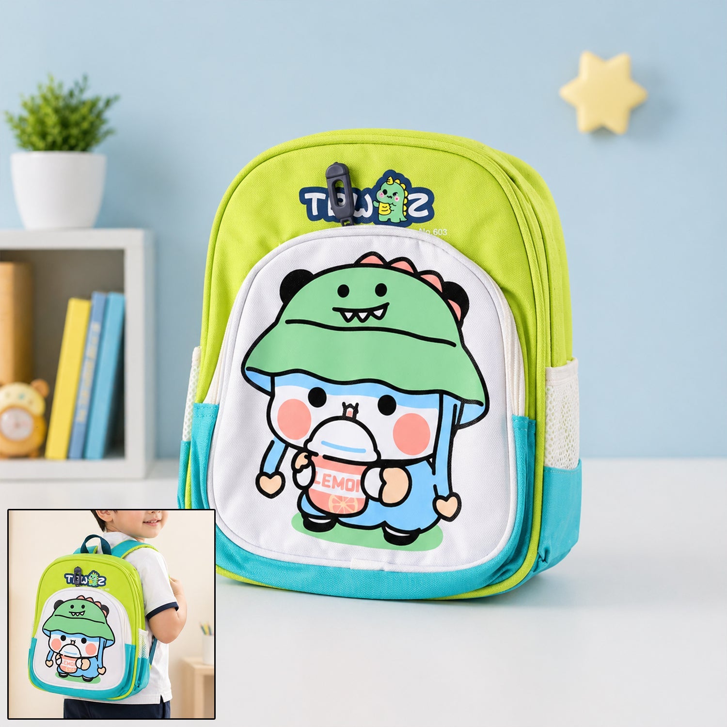 Kids sling backpack with colorful cartoon print, perfect for daily school and travel