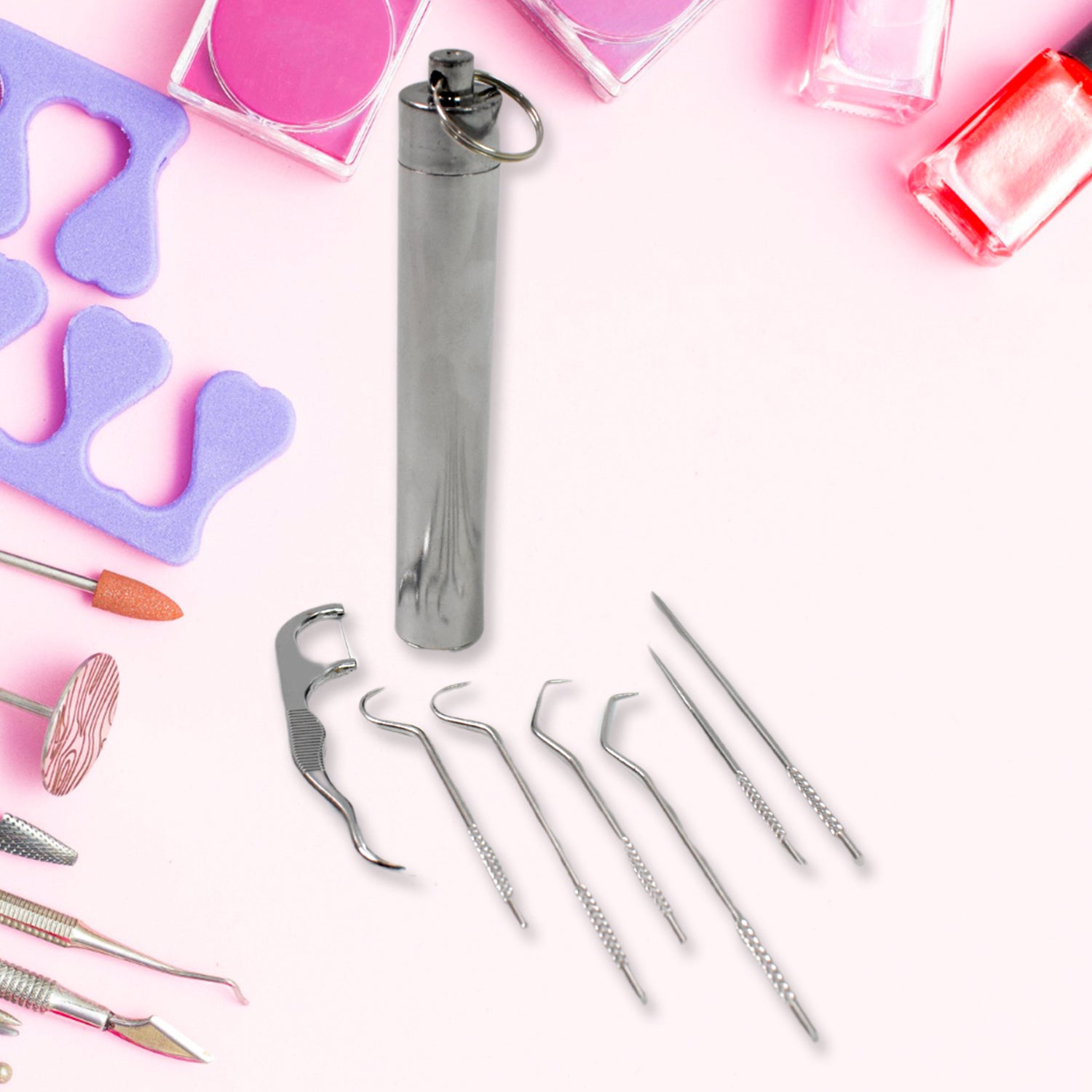 AuriGlam 7-in-1 stainless steel toothpick set with case, displayed open and closed.