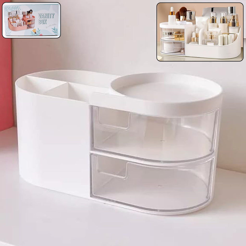 White plastic vanity organizer with rotating tray and dual pull-out drawers