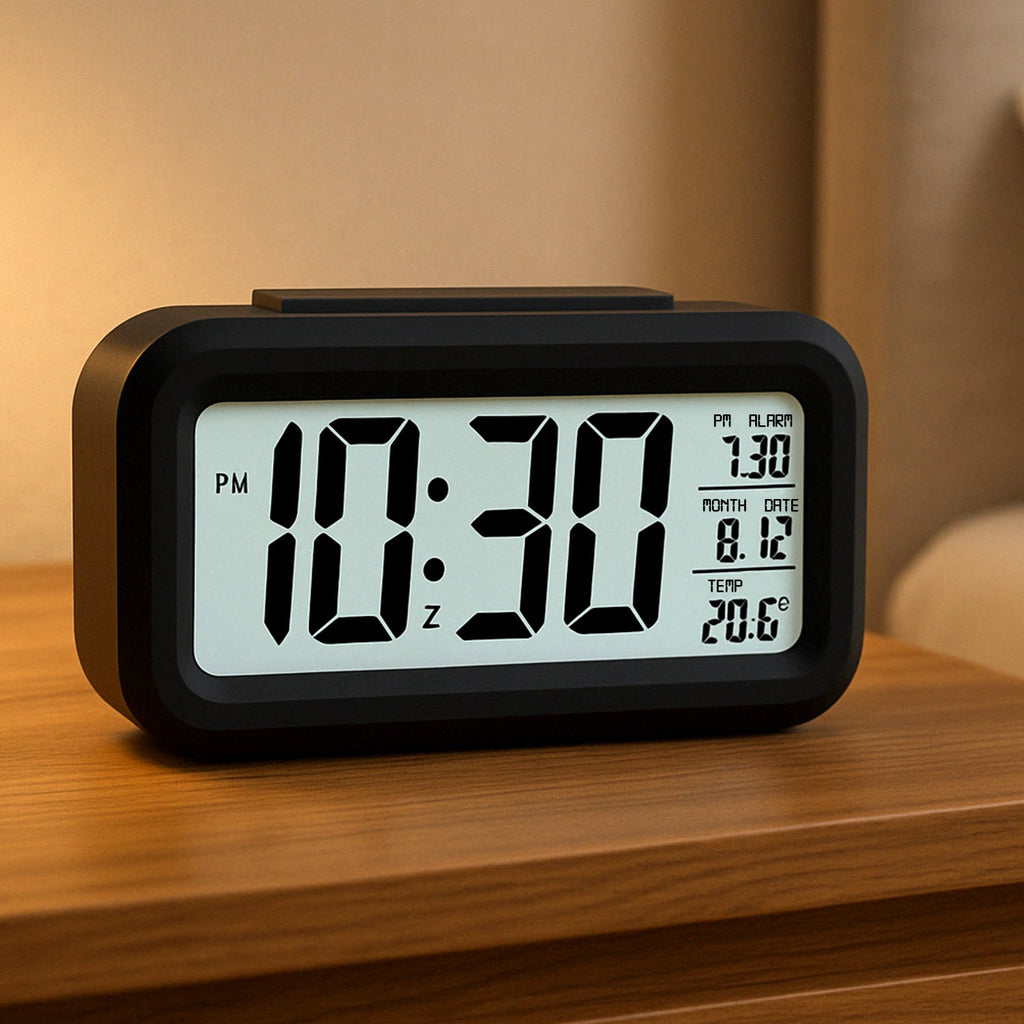 Digital LCD alarm clock with backlight showing time and temperature