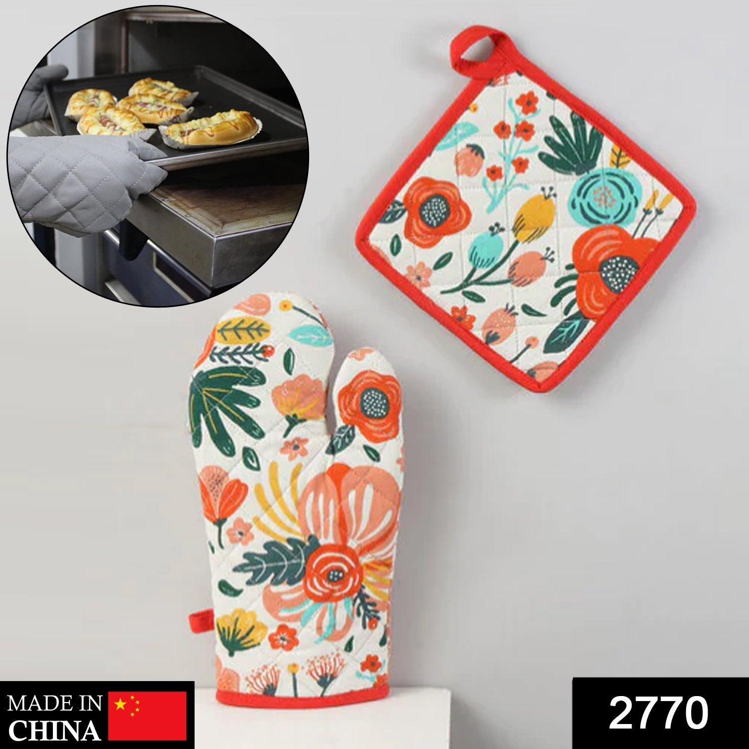 Close-up of a heat-resistant cotton oven mitt with stylish print.