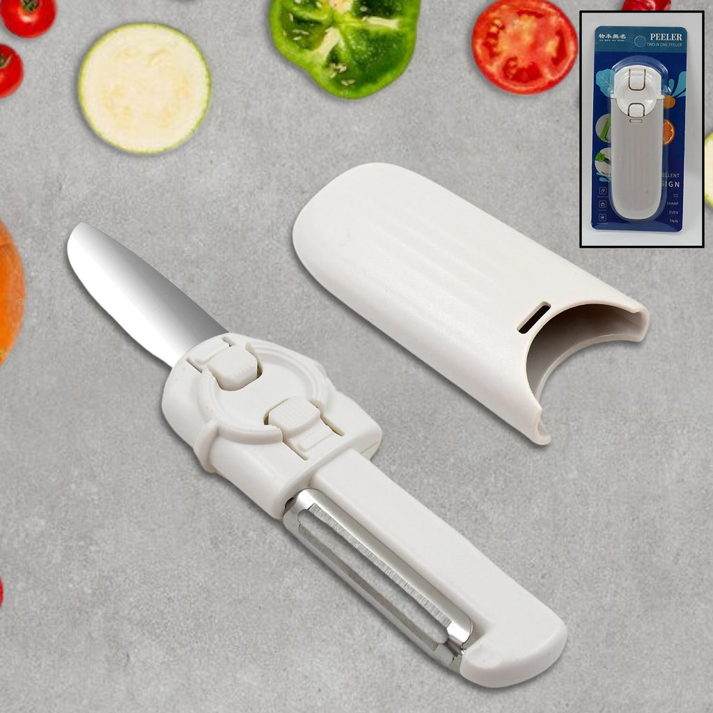 Portable 2-in-1 knife peeler in its protective case, ready for travel.