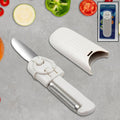 Portable 2-in-1 knife peeler in its protective case, ready for travel.