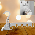 A 5-hole foldable clothes hanger securely holding multiple garments.